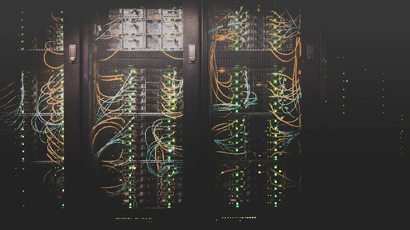 Corredor de um data center com racks de servidores iluminados em azul